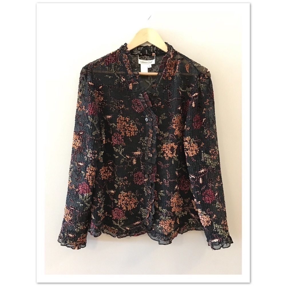Coldwater Creek Floral Ruffle Cardigan Sweater Jacket Medium